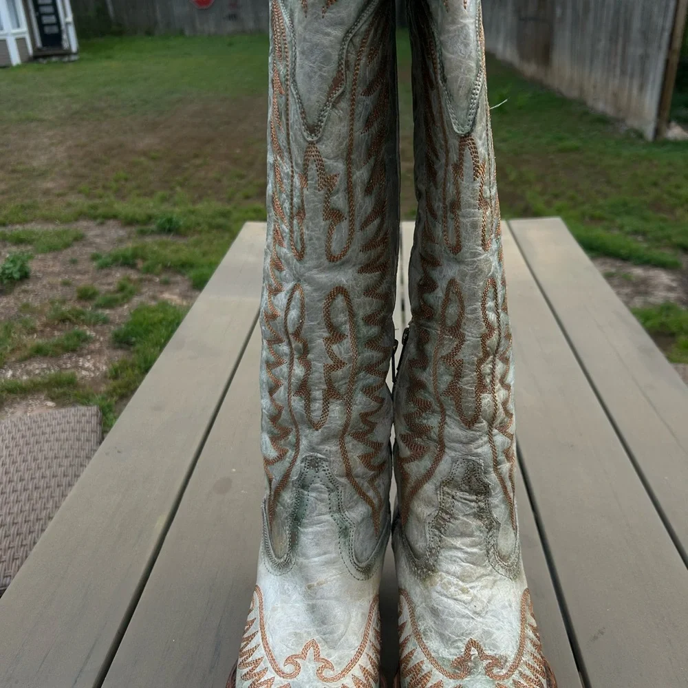 Corral Women's Embroidered Over-the-Knee Boots in Light Gray and Tan